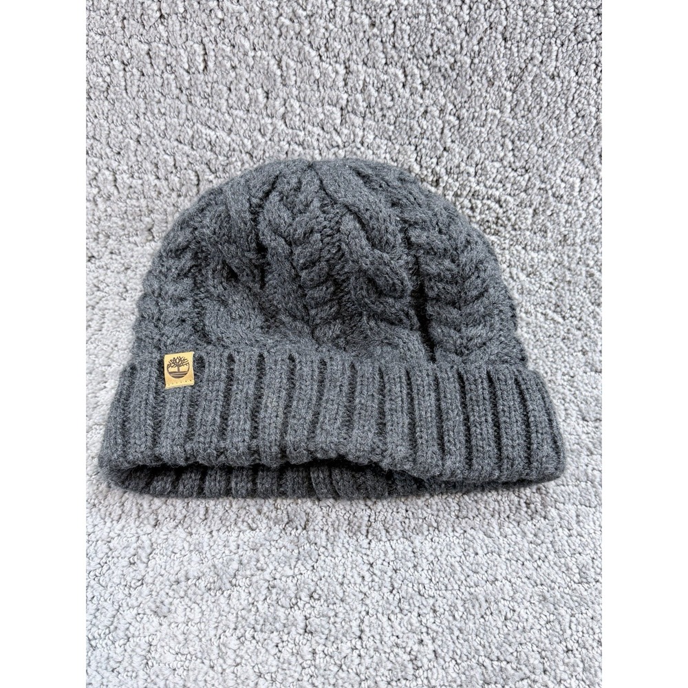 Timberland Dark Gray Cable Knit Cuffed Beanie Hat Plush Fleece Lined OS EUC
